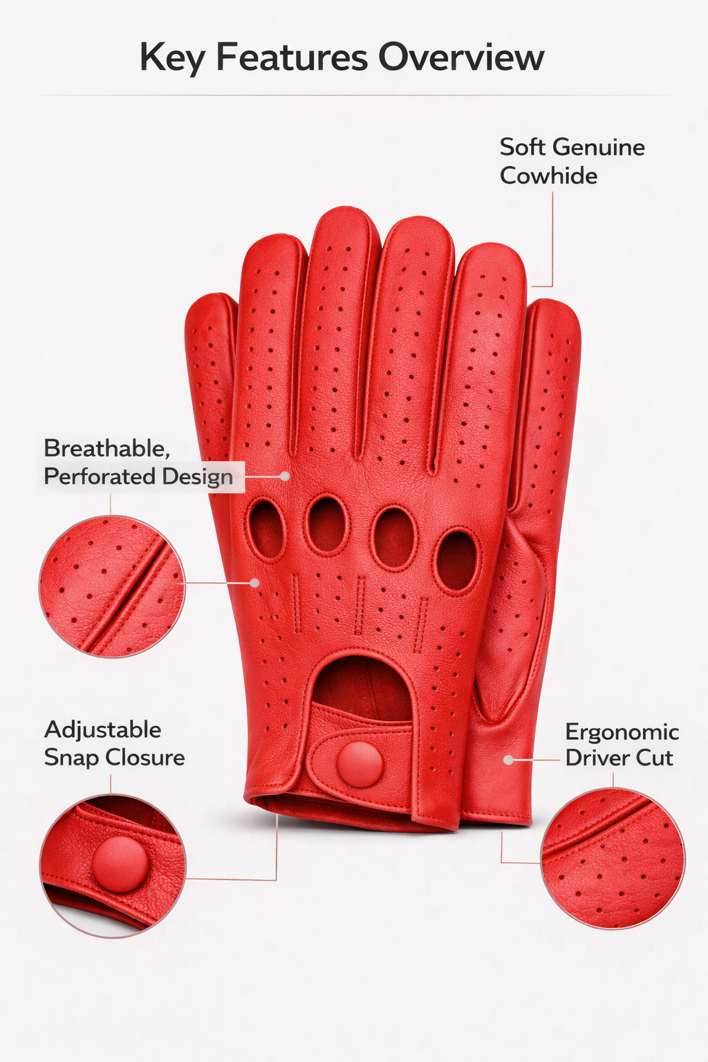 Riparo Men’s Perforated Leather Driving Gloves – Genuine Cowhide, Classic Full-Finger Motoring Style – Breathable Luxury Driving Gloves