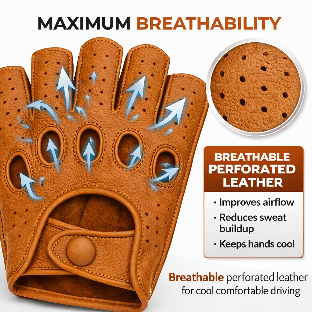 Riparo Men’s Fingerless Leather Driving Gloves – Reverse Stitched Cowhide Classic Motoring Gloves