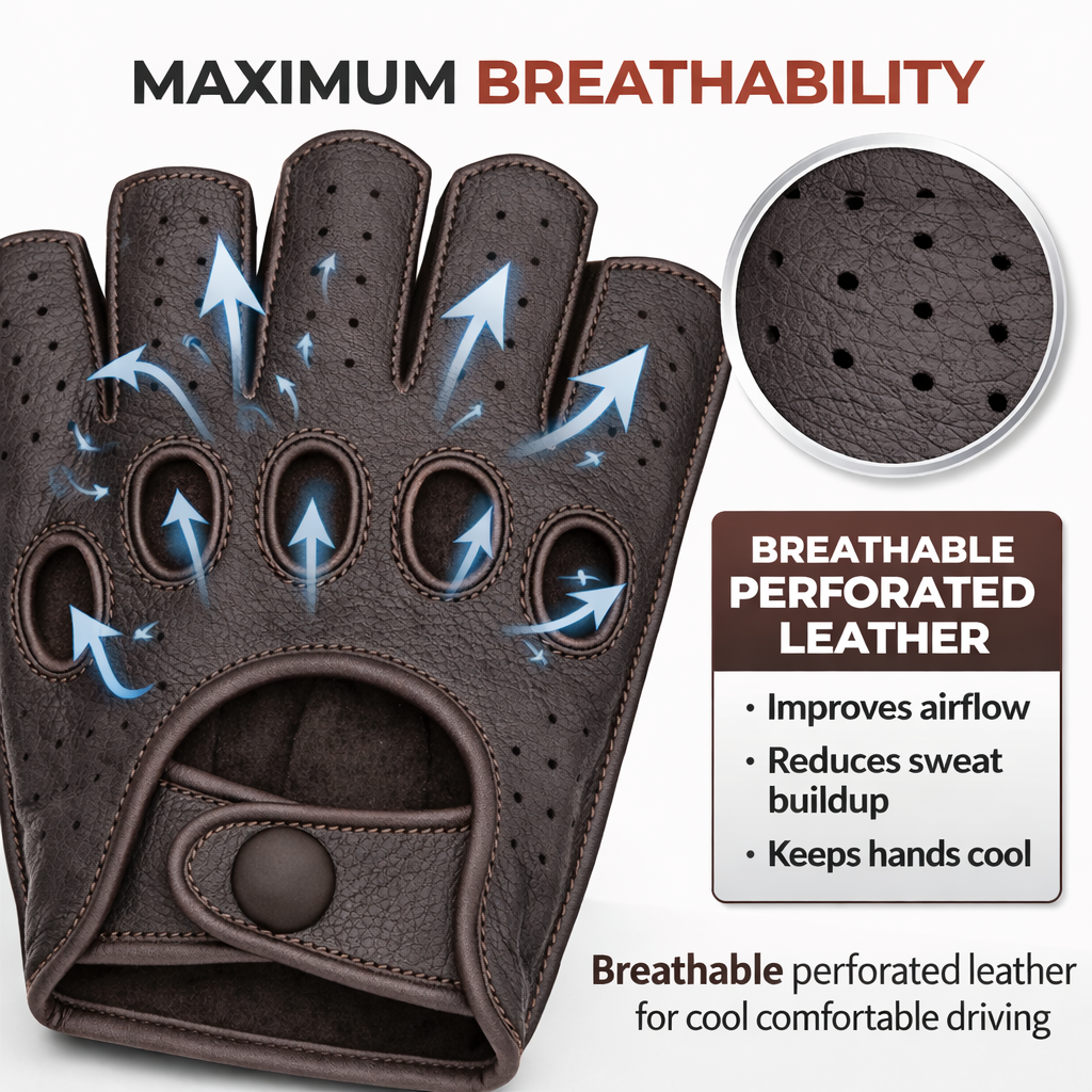 Riparo Men’s Fingerless Leather Driving Gloves – Reverse Stitched Cowhide Classic Motoring Gloves