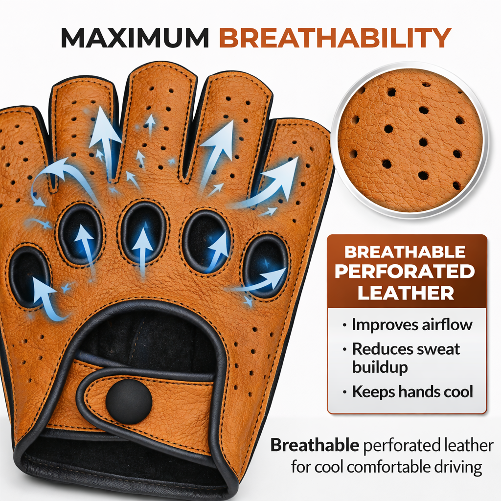 Riparo Men’s Fingerless Leather Driving Gloves – Reverse Stitched Cowhide Classic Motoring Gloves