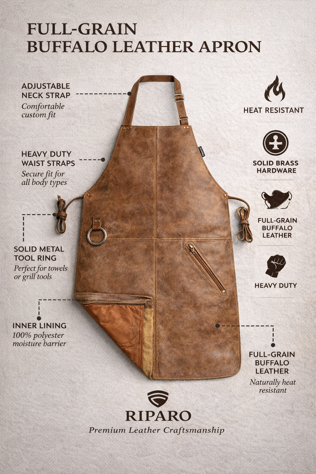Full-Grain Leather Apron – Adjustable Cross-Back BBQ, Grilling & Woodworking Apron