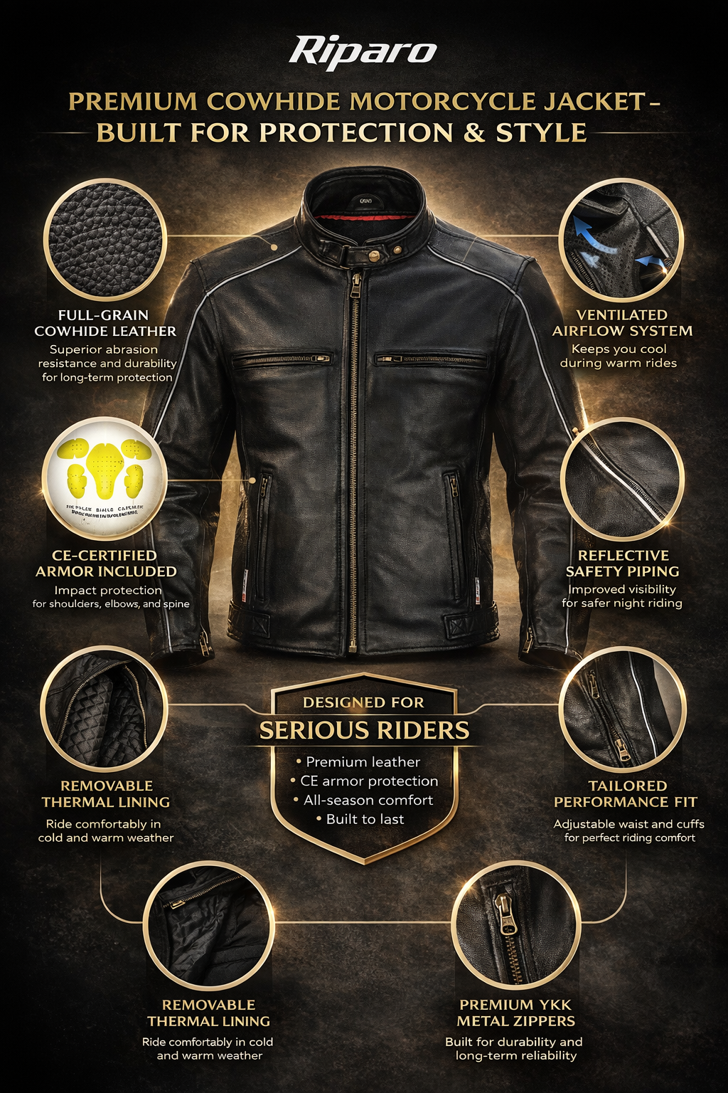 Riparo CE Level 2 Armored Leather Motorcycle Jacket