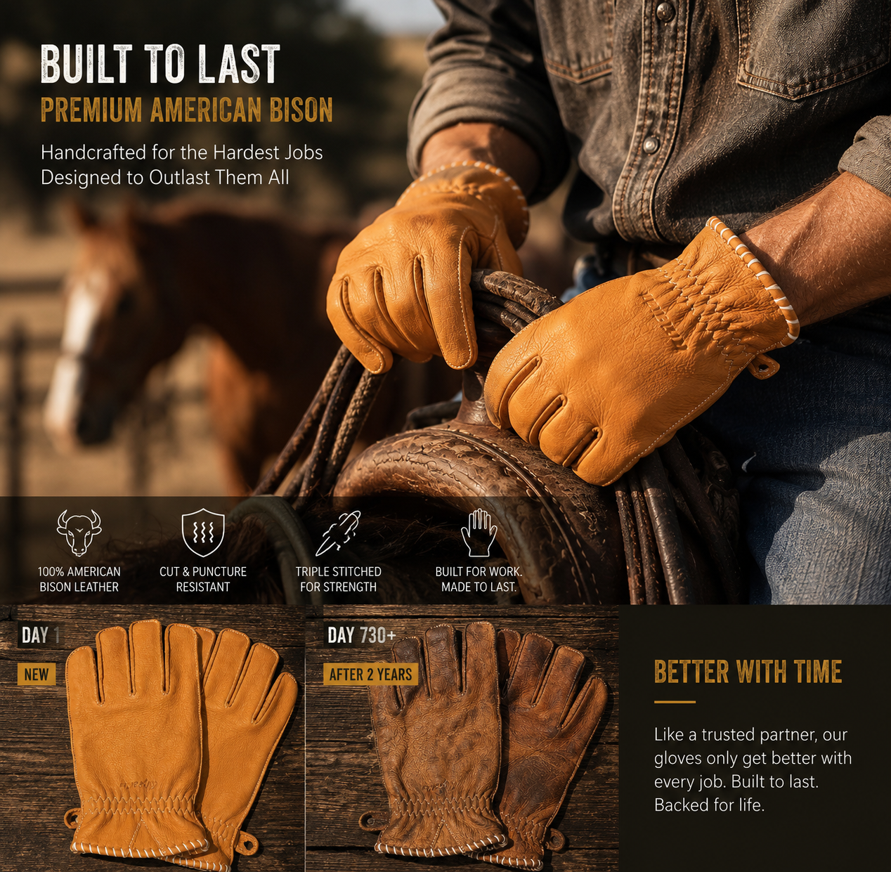 American Heritage Kevlar-Lined Bison Leather Work Gloves – ANSI A6 Cut Resistant Protection