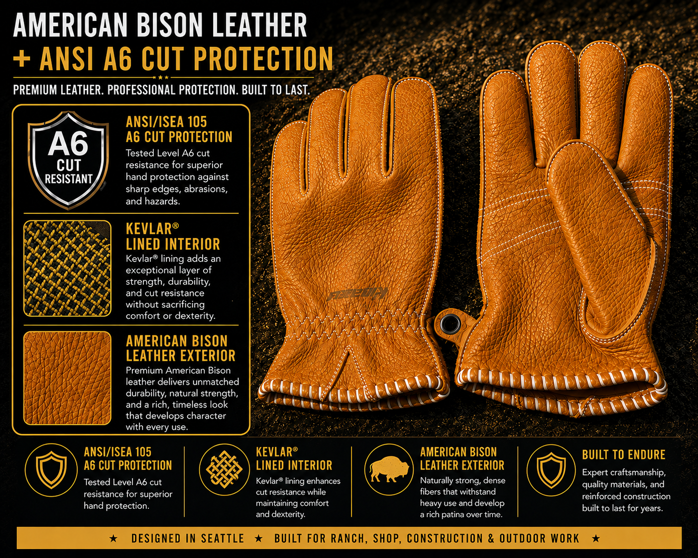 American Heritage Kevlar-Lined Bison Leather Work Gloves – ANSI A6 Cut Resistant Protection