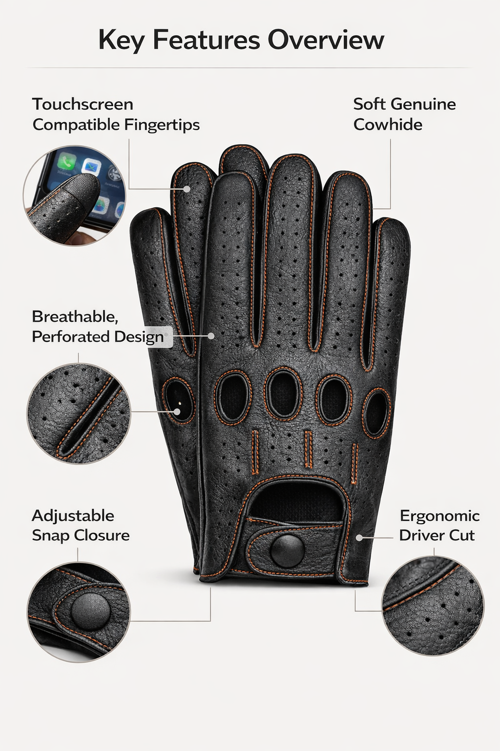 Riparo Men’s Perforated Leather Driving Gloves – Genuine Cowhide, Touchscreen Full-Finger Motorsport Style – Breathable Luxury Driving Gloves