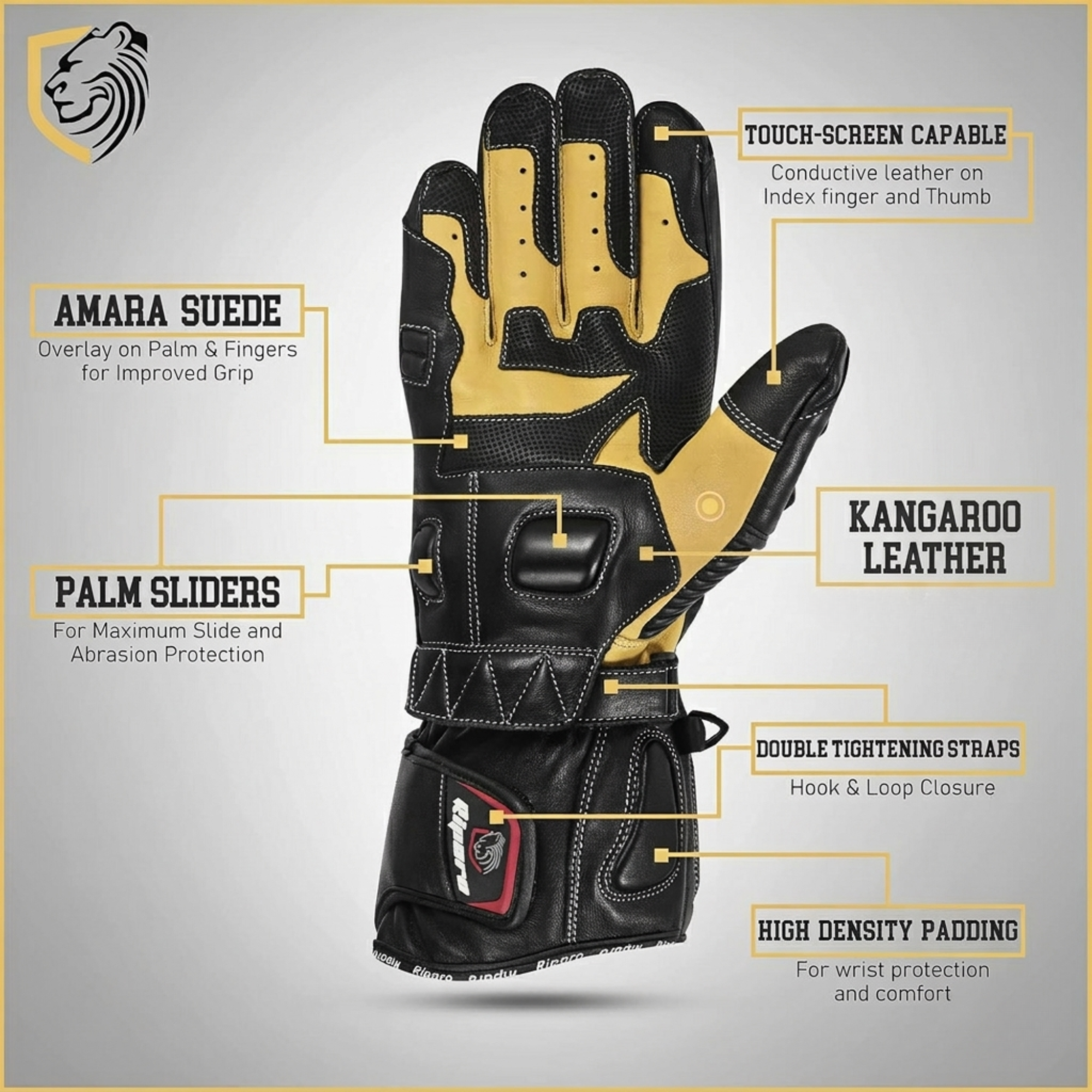 Riparo CE Certified Full Gauntlet Motorcycle Gloves – Kangaroo Leather Palm for Superior Abrasion Resistance, Knuckle & Palm Protection, Touchscreen Compatible