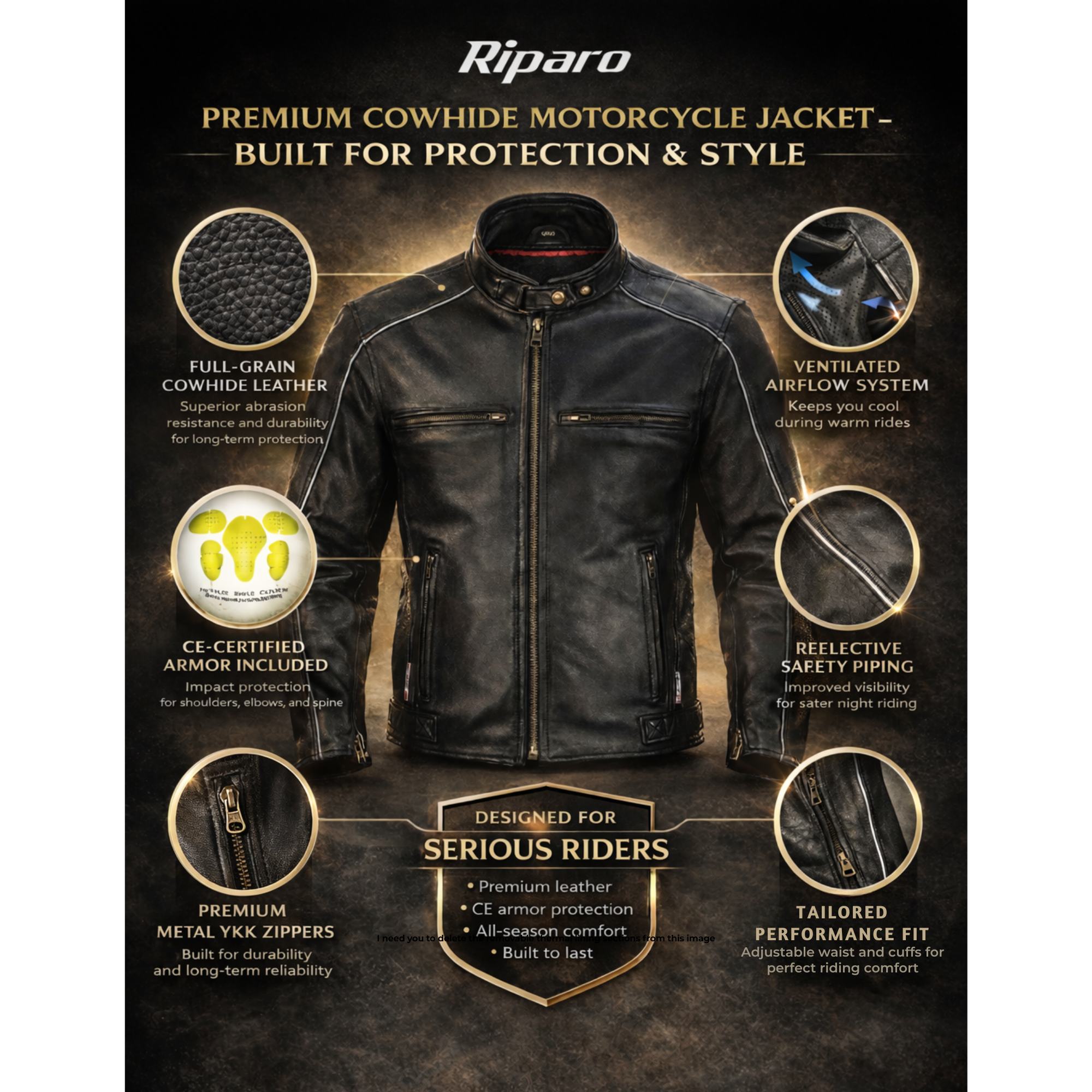 Riparo CE Level 2 Armored Leather Motorcycle Jacket – Full-Grain Leather Riding Jacket with Removable Shoulder, Elbow & Back Protection