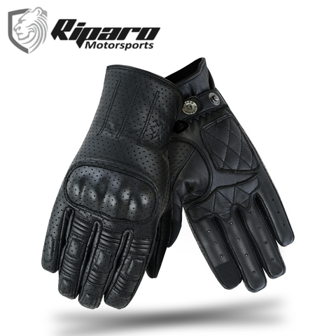 Retro Leather Motorcycle Gloves for Men, Full Finger Touchscreen Motorbike Gloves Cafe Racer- Black