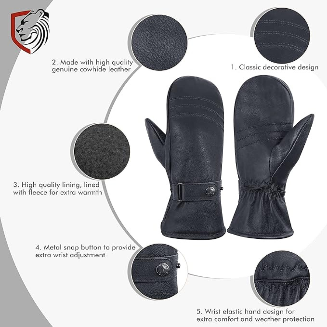 Men's Genuine Leather Fleece Lined Winter Mittens - Black