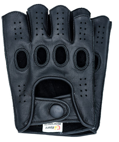 Women's Reverse Stitched Fingerless Leather Driving Gloves - Black