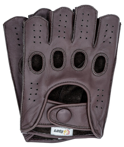 Men's Reverse Stitched Fingerless Leather Driving Gloves - Brown