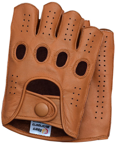 Women's Reverse Stitched Fingerless Leather Driving Gloves - Cognac