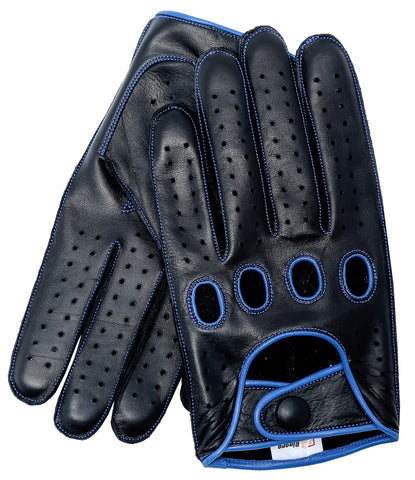 Men's Reverse Stitched Touchscreen Leather Driving Gloves - Black/Blue