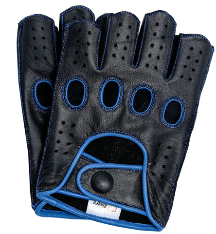 Women's Reverse Stitched Fingerless Leather Driving Gloves - Black/Blue