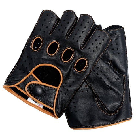 Men's Reverse Stitched Fingerless Leather Driving Gloves - Black/Cognac