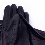 Men's Vegan Leather Full-finger Driving Gloves - Black/Red Thread