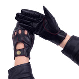Men's Vegan Leather Full-finger Driving Gloves - Black/Red Thread