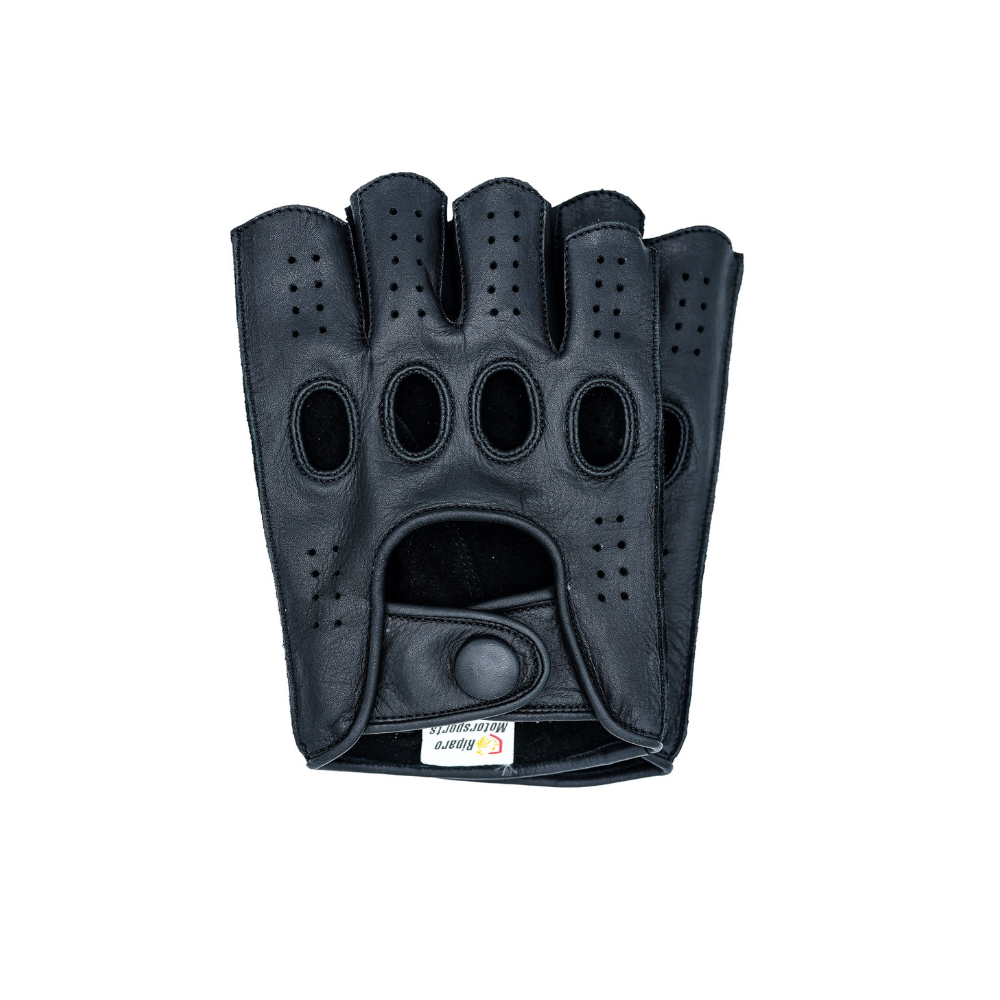 Men's Reverse Stitched Fingerless Leather Driving Gloves - Black