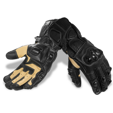 Genuine Leather Full Gauntlet Motorcycle Gloves - Black
