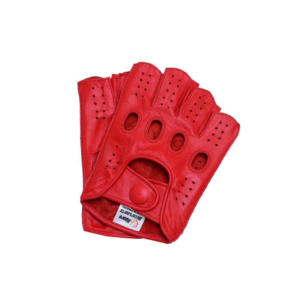Women's Reverse Stitched Fingerless Leather Driving Gloves - Red